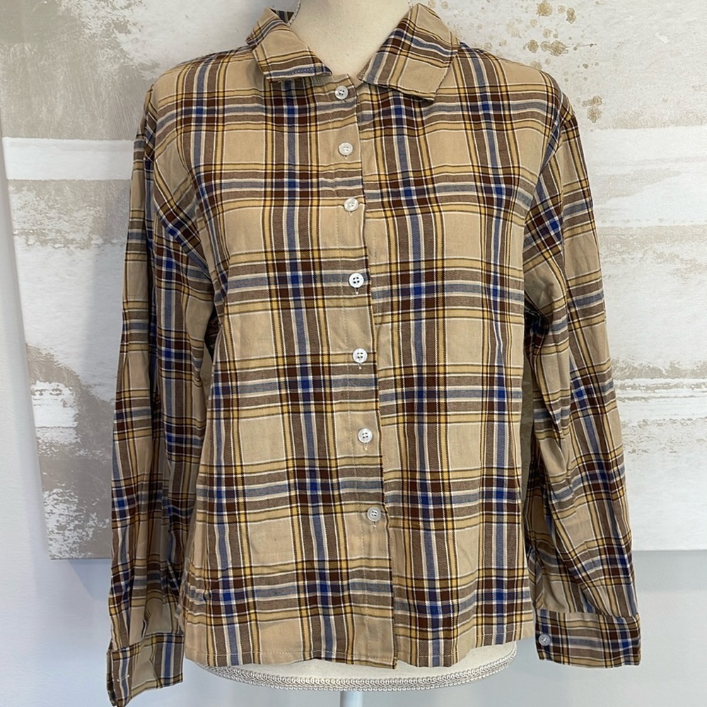 ROMWE tan/blue/gold plaid button down